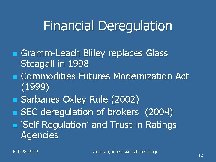 Financial Deregulation n n Gramm-Leach Bliley replaces Glass Steagall in 1998 Commodities Futures Modernization