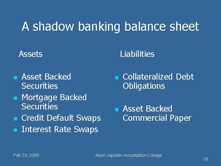 A shadow banking balance sheet Assets n n Liabilities Asset Backed Securities Mortgage Backed