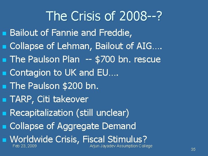 The Crisis of 2008 --? n n n n n Bailout of Fannie and