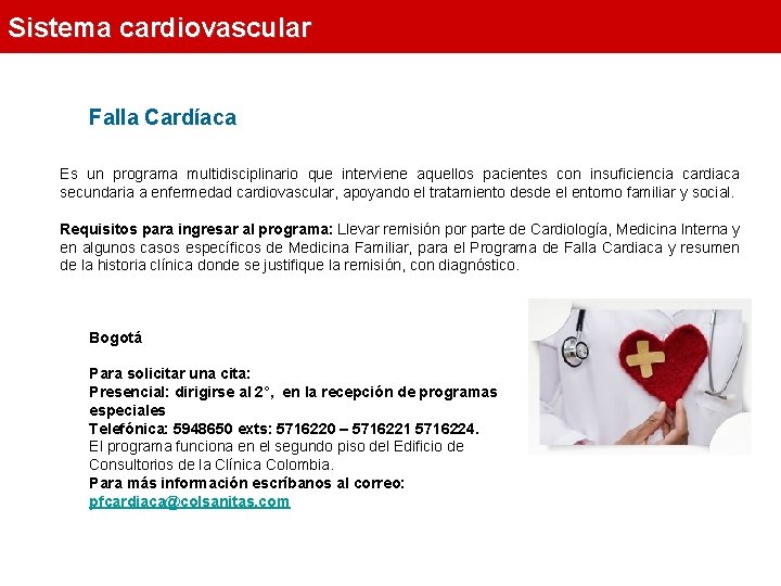 Sistema cardiovascular Falla Cardíaca Es un programa multidisciplinario que interviene aquellos pacientes con insuficiencia