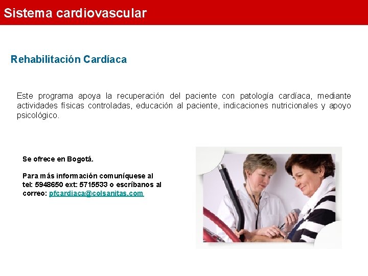 Sistema cardiovascular Rehabilitación Cardíaca Este programa apoya la recuperación del paciente con patología cardíaca,