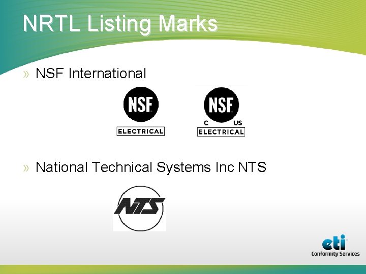 NRTL Listing Marks » NSF International » National Technical Systems Inc NTS 