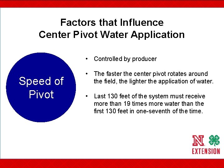 Factors that Influence Center Pivot Water Application • Controlled by producer Speed of Pivot