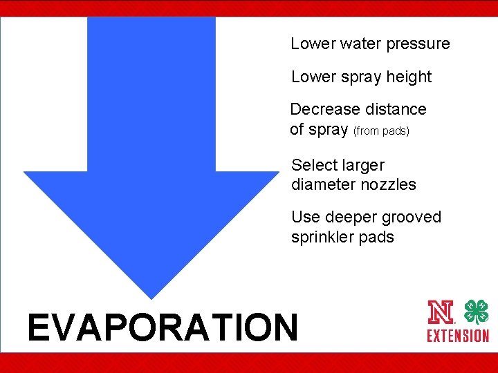 Lower water pressure Lower spray height Decrease distance of spray (from pads) Select larger