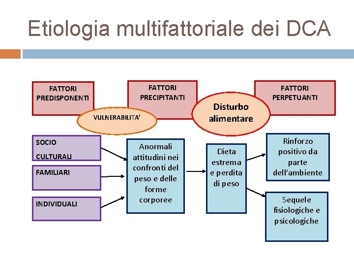 Etiologia multifattoriale dei DCA FATTORI PREDISPONENTI FATTORI PRECIPITANTI VULNERABILITA’ SOCIO CULTURALI FAMILIARI INDIVIDUALI Anormali