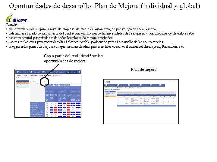 Oportunidades de desarrollo: Plan de Mejora (individual y global) Permite • elaborar planes de