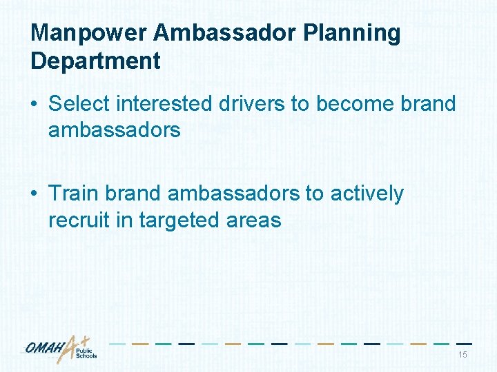 Manpower Ambassador Planning Department • Select interested drivers to become brand ambassadors • Train