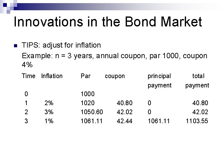 Innovations in the Bond Market n TIPS: adjust for inflation Example: n = 3