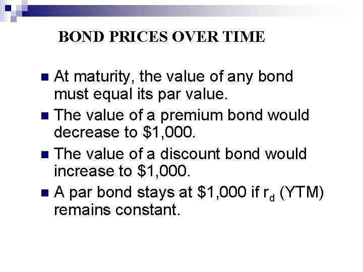 BOND PRICES OVER TIME At maturity, the value of any bond must equal its