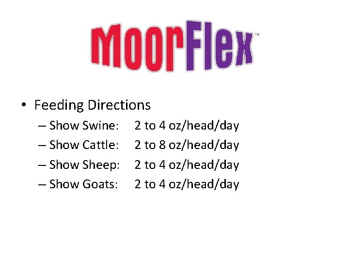  • Feeding Directions – Show Swine: – Show Cattle: – Show Sheep: –