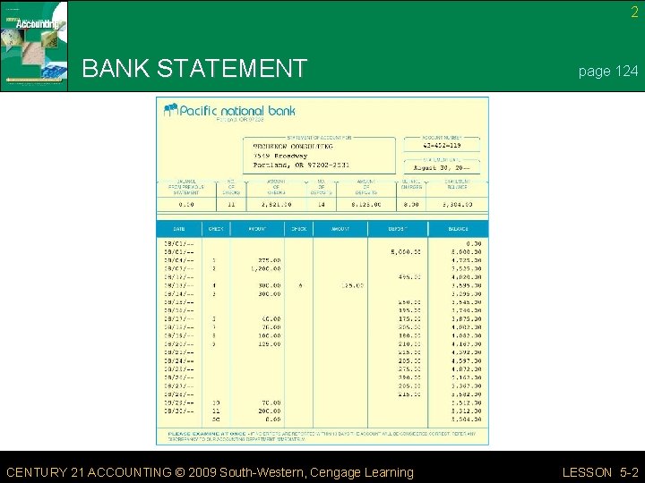 2 BANK STATEMENT CENTURY 21 ACCOUNTING © 2009 South-Western, Cengage Learning page 124 LESSON