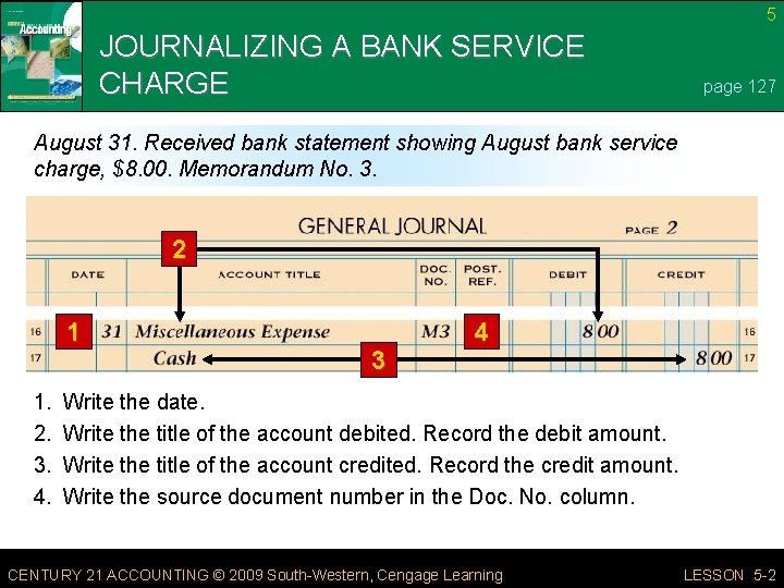 5 JOURNALIZING A BANK SERVICE CHARGE page 127 August 31. Received bank statement showing