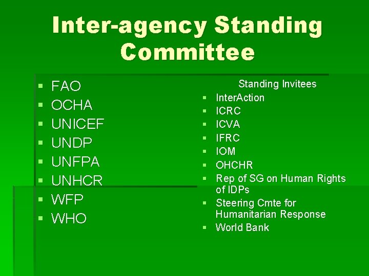 Inter-agency Standing Committee § § § § FAO OCHA UNICEF UNDP UNFPA UNHCR WFP