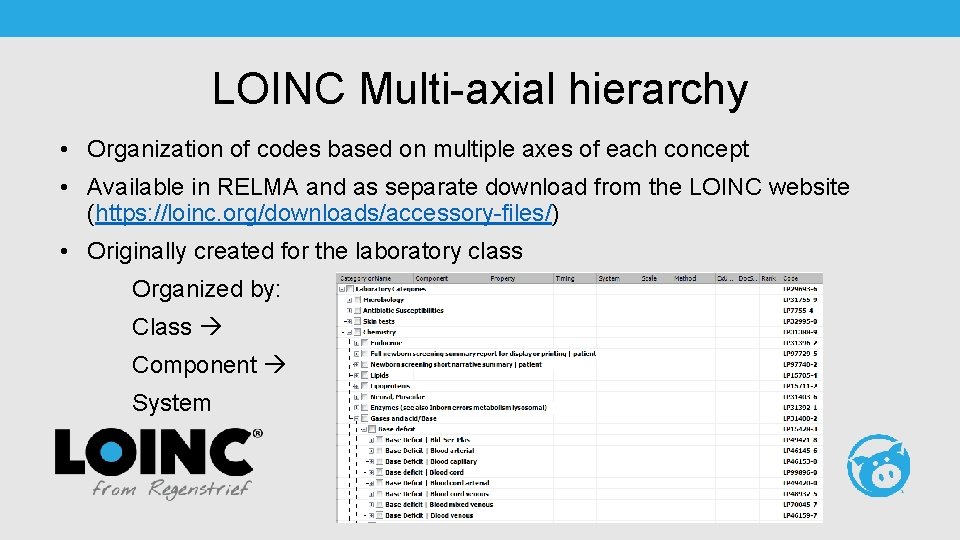 LOINC Multi-axial hierarchy • Organization of codes based on multiple axes of each concept