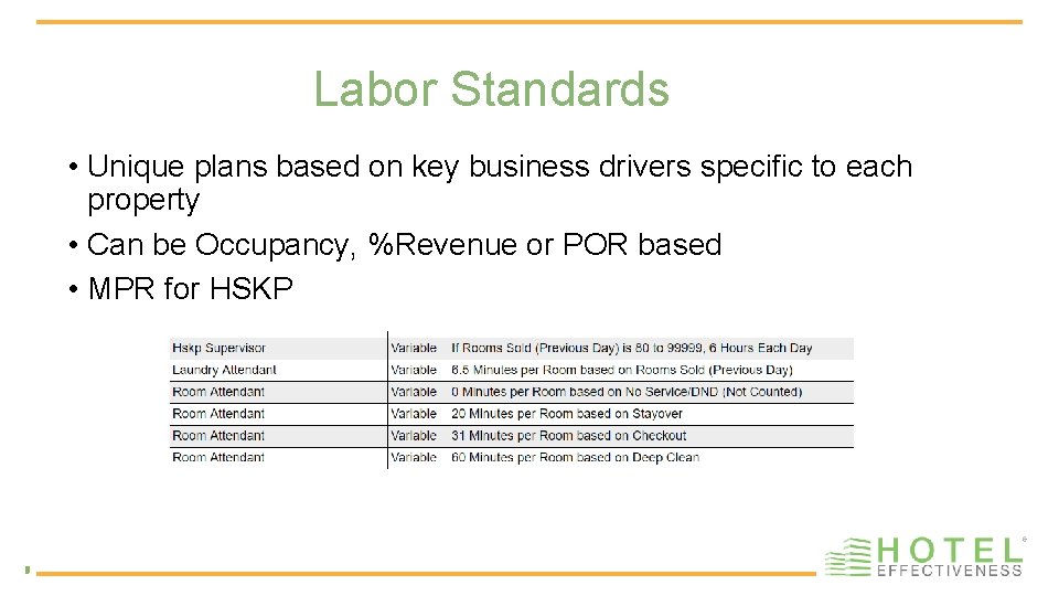 Labor Standards • Unique plans based on key business drivers specific to each property