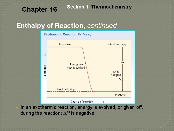Chapter 16 Section 1 Thermochemistry Enthalpy of Reaction, continued • In an exothermic reaction,