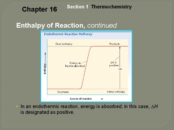 Chapter 16 Section 1 Thermochemistry Enthalpy of Reaction, continued • In an endothermic reaction,