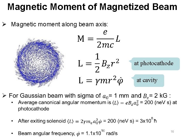 Magnetic Moment of Magnetized Beam Ø Magnetic moment along beam axis: at photocathode at