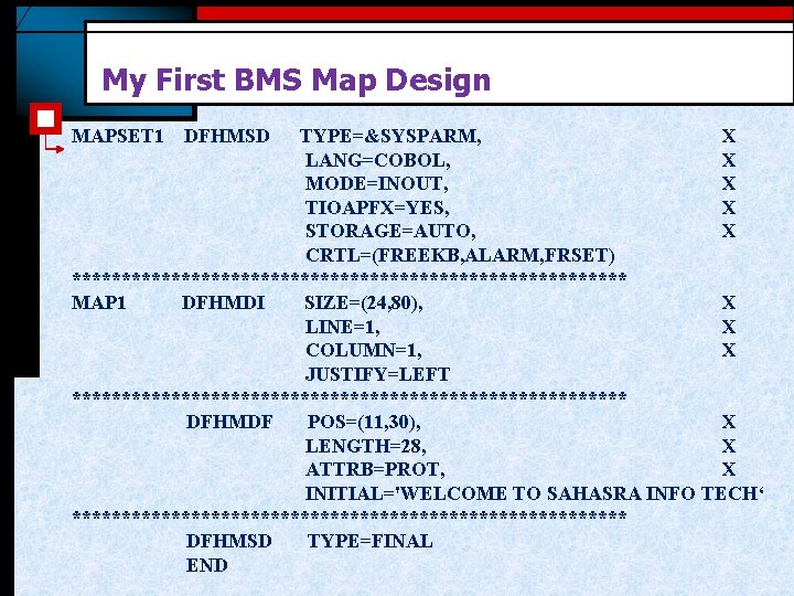 My First BMS Map Design MAPSET 1 DFHMSD TYPE=&SYSPARM, X LANG=COBOL, X MODE=INOUT, X My First BMS Map Design MAPSET 1 DFHMSD TYPE=&SYSPARM, X LANG=COBOL, X MODE=INOUT, X
