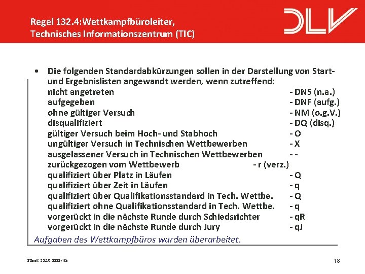 Regel 132. 4: Wettkampfbüroleiter, Technisches Informationszentrum (TIC) • Die folgenden Standardabkürzungen sollen in der