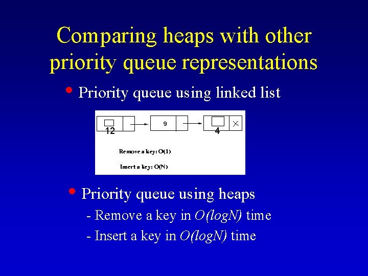 Comparing heaps with other priority queue representations • Priority queue using linked list 12