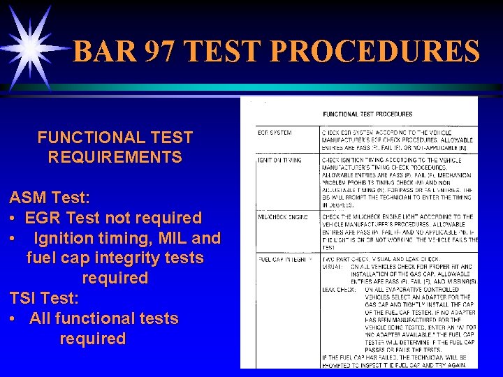 BAR 97 TEST PROCEDURES FUNCTIONAL TEST REQUIREMENTS ASM Test: • EGR Test not required
