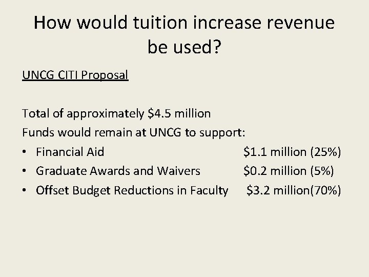 How would tuition increase revenue be used? UNCG CITI Proposal Total of approximately $4.