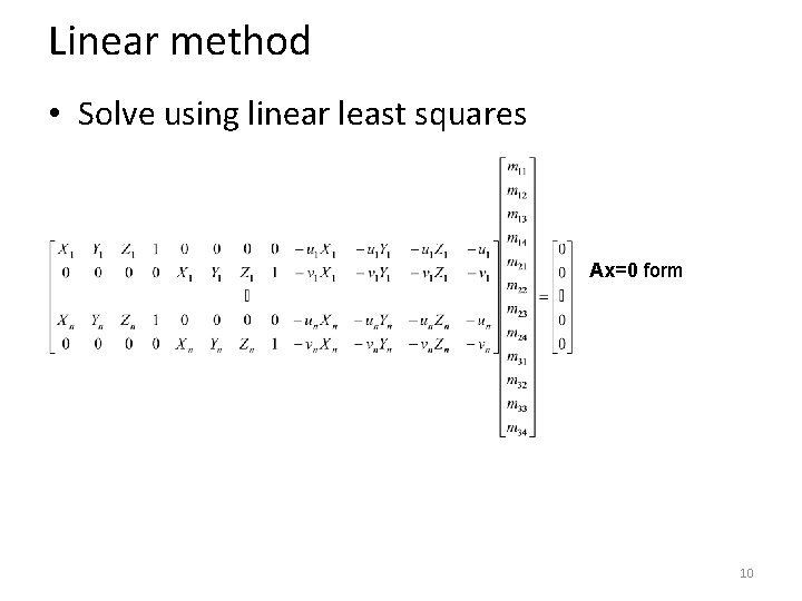 Linear method • Solve using linear least squares Ax=0 form 10 Linear method • Solve using linear least squares Ax=0 form 10