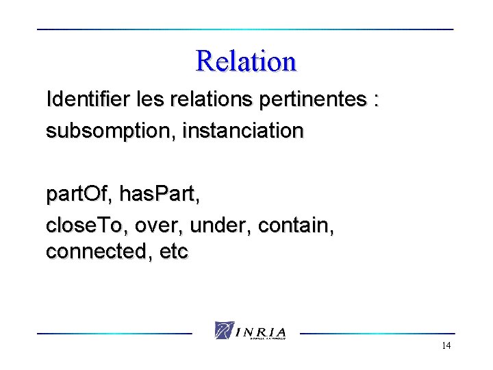 Relation Identifier les relations pertinentes : subsomption, instanciation part. Of, has. Part, close. To,
