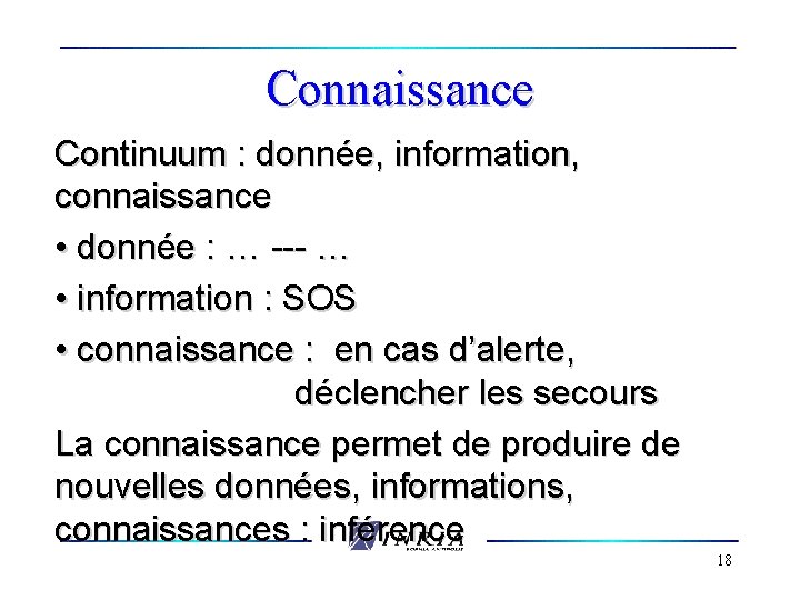 Connaissance Continuum : donnée, information, connaissance • donnée : … --- … • information