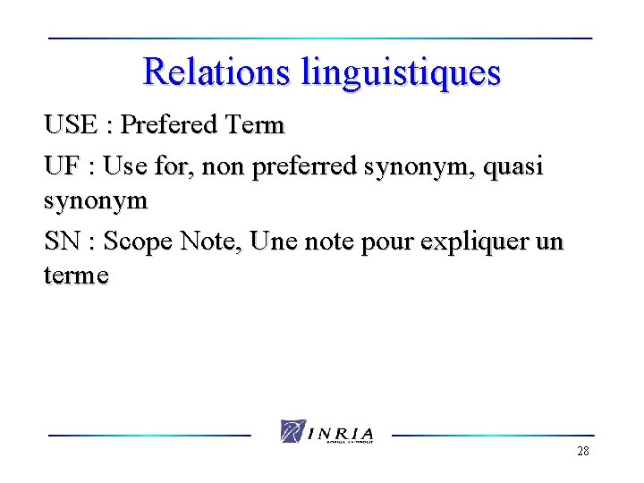 Relations linguistiques USE : Prefered Term UF : Use for, non preferred synonym, quasi