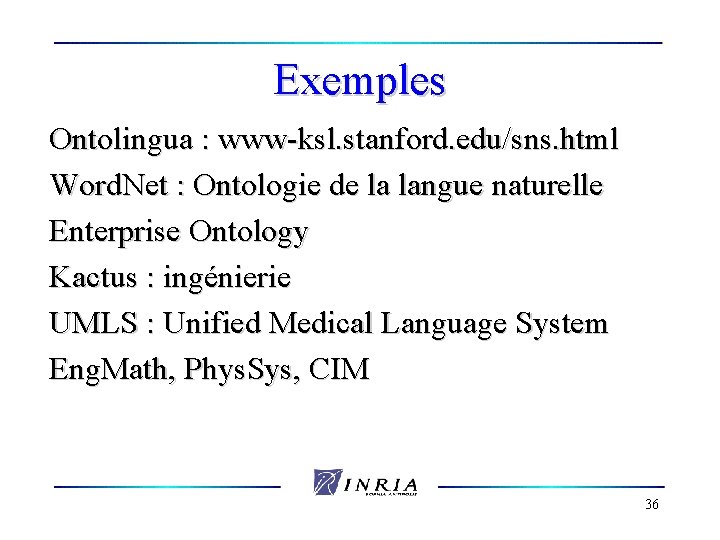 Exemples Ontolingua : www-ksl. stanford. edu/sns. html Word. Net : Ontologie de la langue