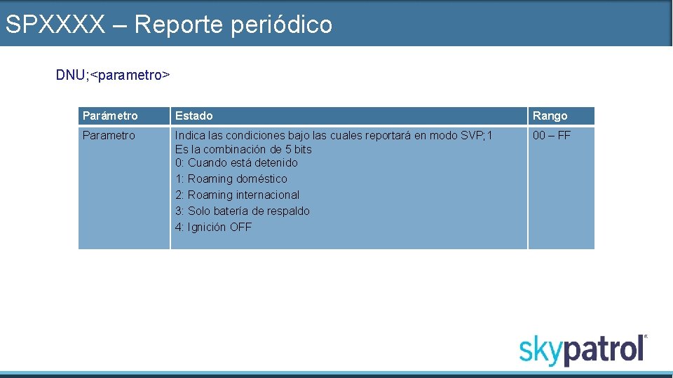 SPXXXX – Reporte periódico DNU; <parametro> Parámetro Estado Rango Parametro Indica las condiciones bajo