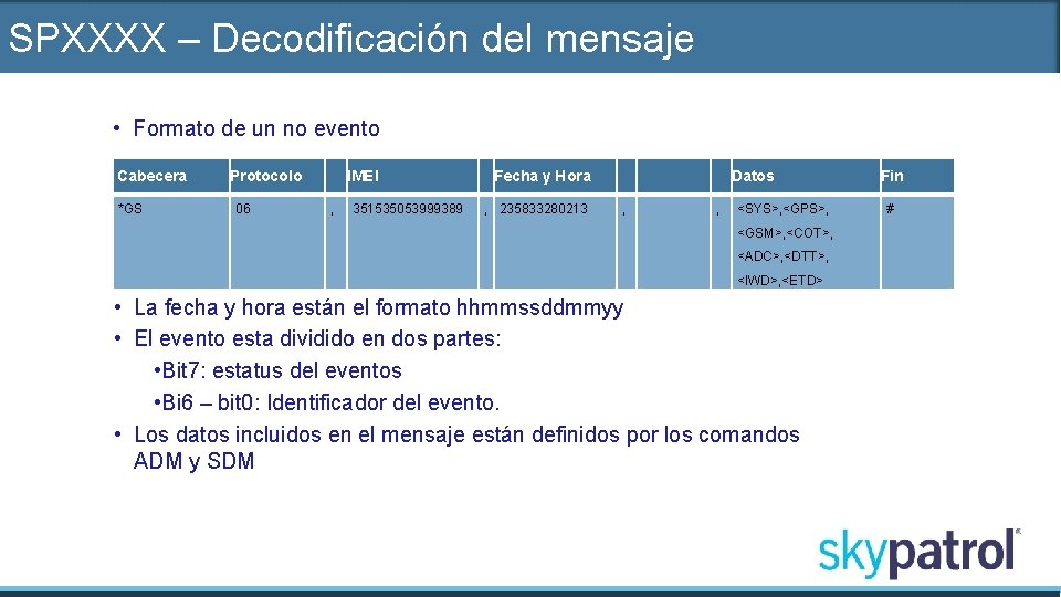 SPXXXX – Decodificación del mensaje • Formato de un no evento Cabecera *GS Protocolo