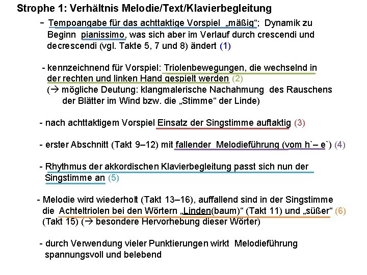 Strophe 1: Verhältnis Melodie/Text/Klavierbegleitung - Tempoangabe für das achttaktige Vorspiel „mäßig“; Dynamik zu Beginn