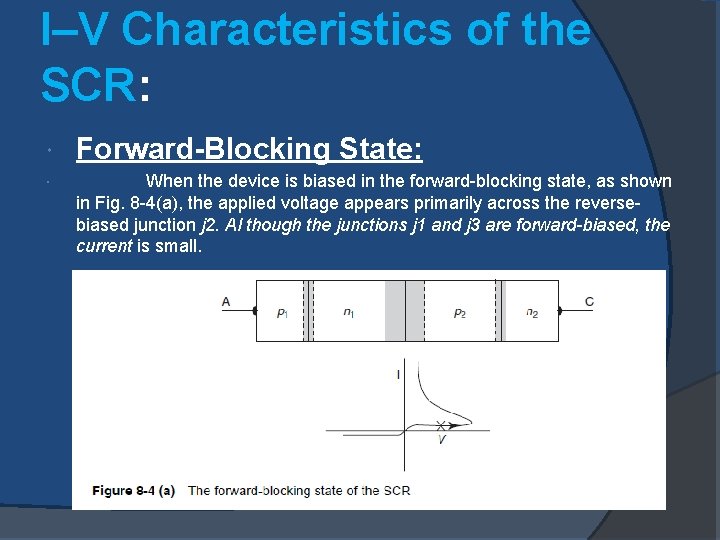 I–V Characteristics of the SCR: Forward-Blocking State: When the device is biased in the