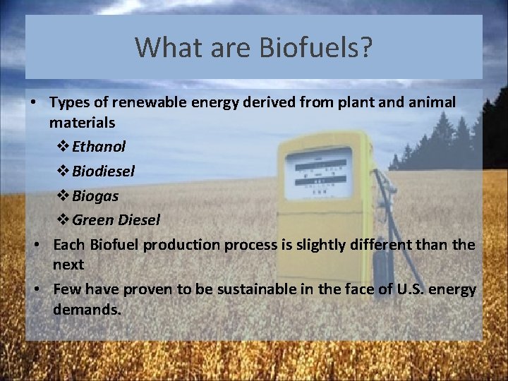 What are Biofuels? • Types of renewable energy derived from plant and animal materials