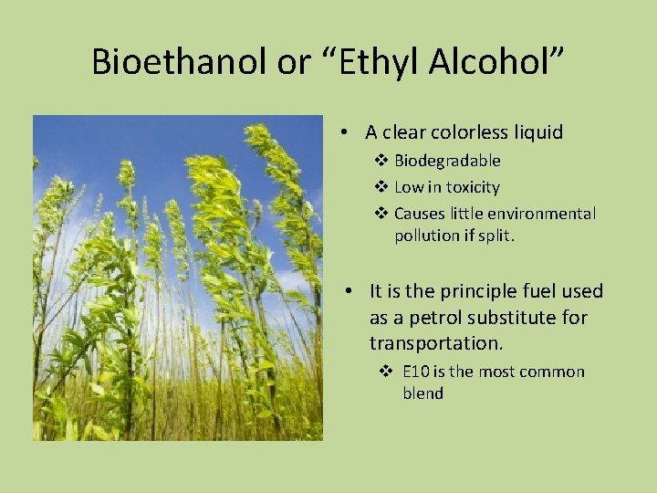 Bioethanol or “Ethyl Alcohol” • A clear colorless liquid v Biodegradable v Low in