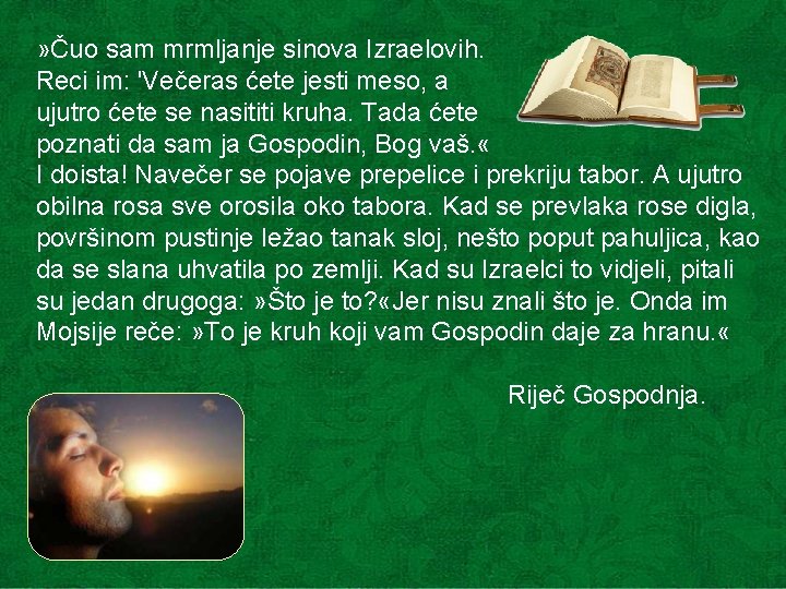 » Čuo sam mrmljanje sinova Izraelovih. Reci im: 'Večeras ćete jesti meso, a ujutro
