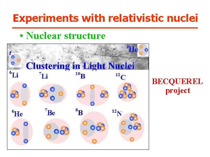 Experiments with relativistic nuclei • Nuclear structure BECQUEREL project 