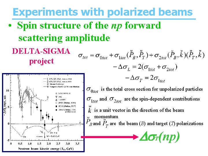 Experiments with polarized beams • Spin structure of the np forward scattering amplitude DELTA-SIGMA