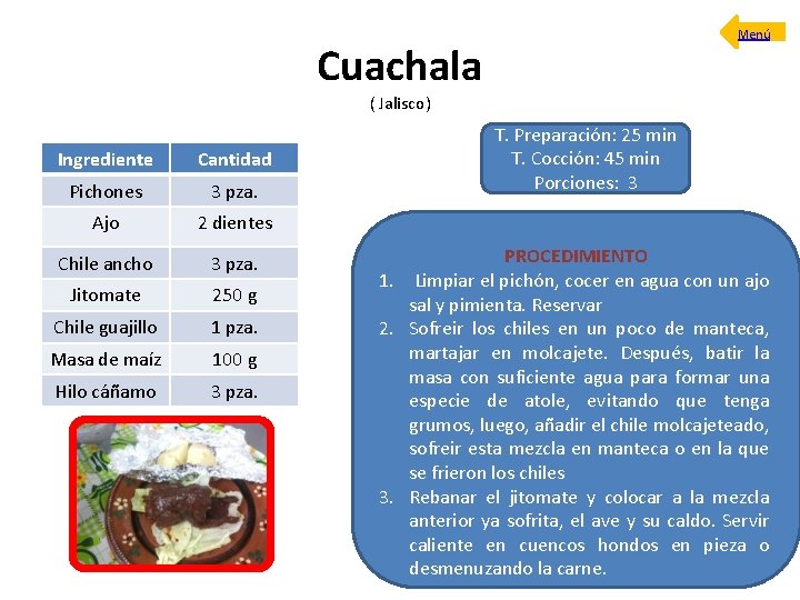 Menú Cuachala ( Jalisco) Ingrediente Cantidad Pichones 3 pza. Ajo 2 dientes Chile ancho