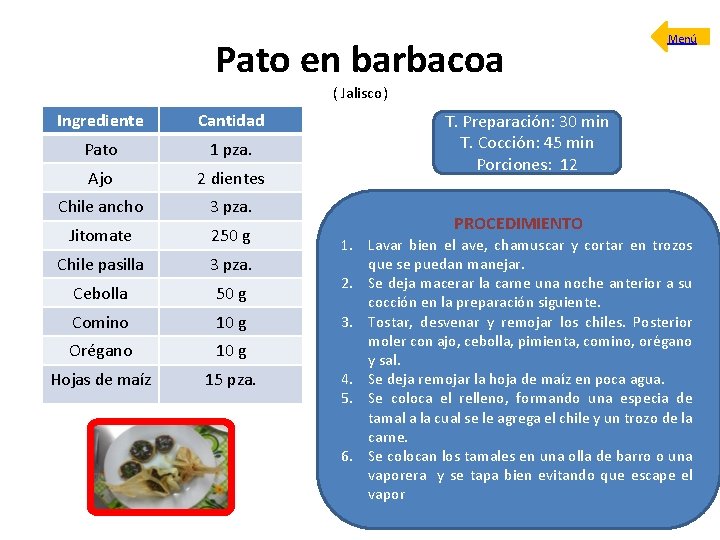 Pato en barbacoa Menú ( Jalisco) Ingrediente Cantidad Pato 1 pza. Ajo 2 dientes