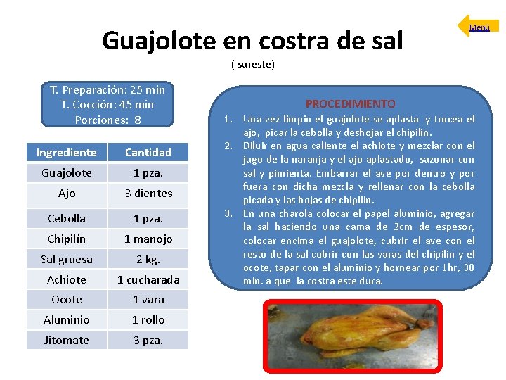 Guajolote en costra de sal Menú ( sureste) T. Preparación: 25 min T. Cocción: