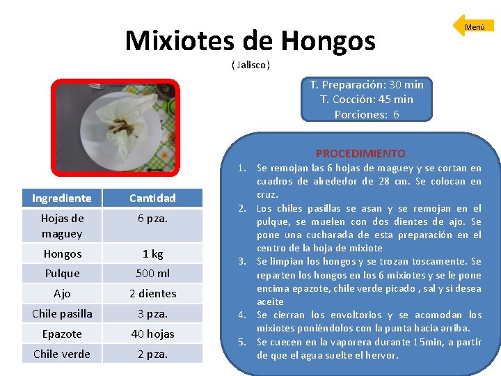 Mixiotes de Hongos Menú ( Jalisco) T. Preparación: 30 min T. Cocción: 45 min