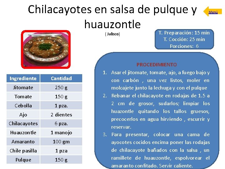 Chilacayotes en salsa de pulque y huauzontle ( Jalisco) Ingrediente Cantidad Jitomate 250 g