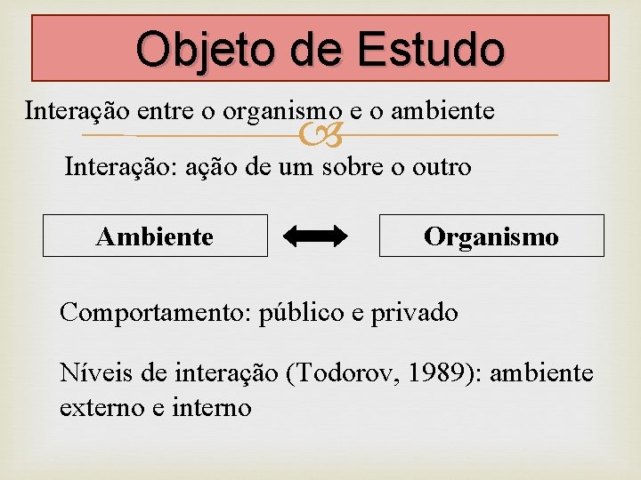 Objeto de Estudo Interação entre o organismo e o ambiente Interação: ação de um Objeto de Estudo Interação entre o organismo e o ambiente Interação: ação de um