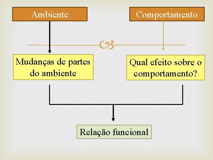 Ambiente Comportamento Mudanças de partes do ambiente Qual efeito sobre o comportamento? Relação funcional