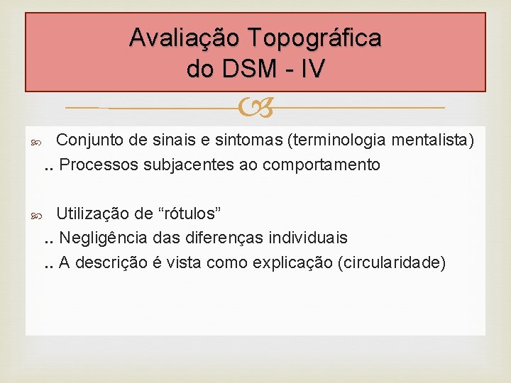 Avaliação Topográfica do DSM - IV Conjunto de sinais e sintomas (terminologia mentalista). . Avaliação Topográfica do DSM - IV Conjunto de sinais e sintomas (terminologia mentalista). .
