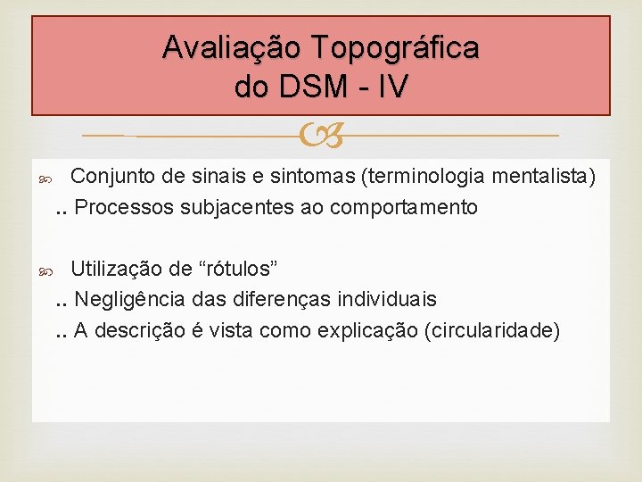 Avaliação Topográfica do DSM - IV Conjunto de sinais e sintomas (terminologia mentalista). .